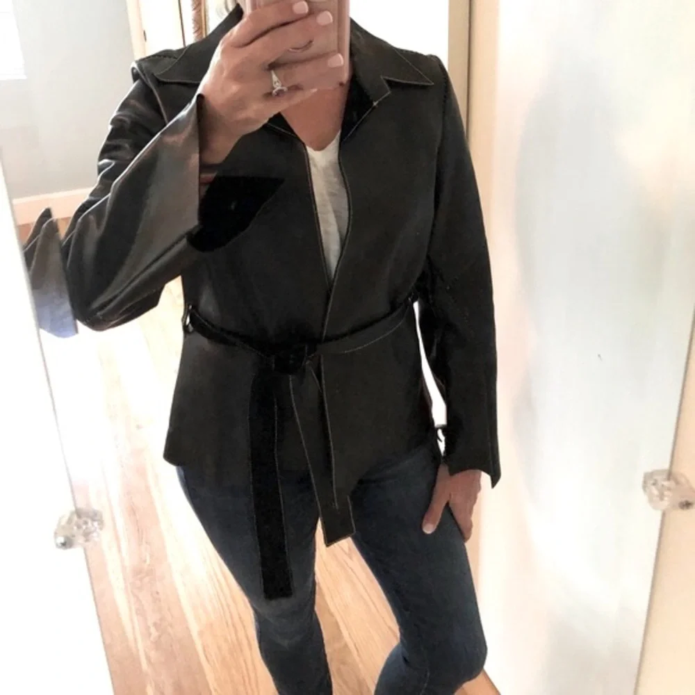Joie Genuine Leather Belted Blazer Jacket – Black - Picture 4 of 13